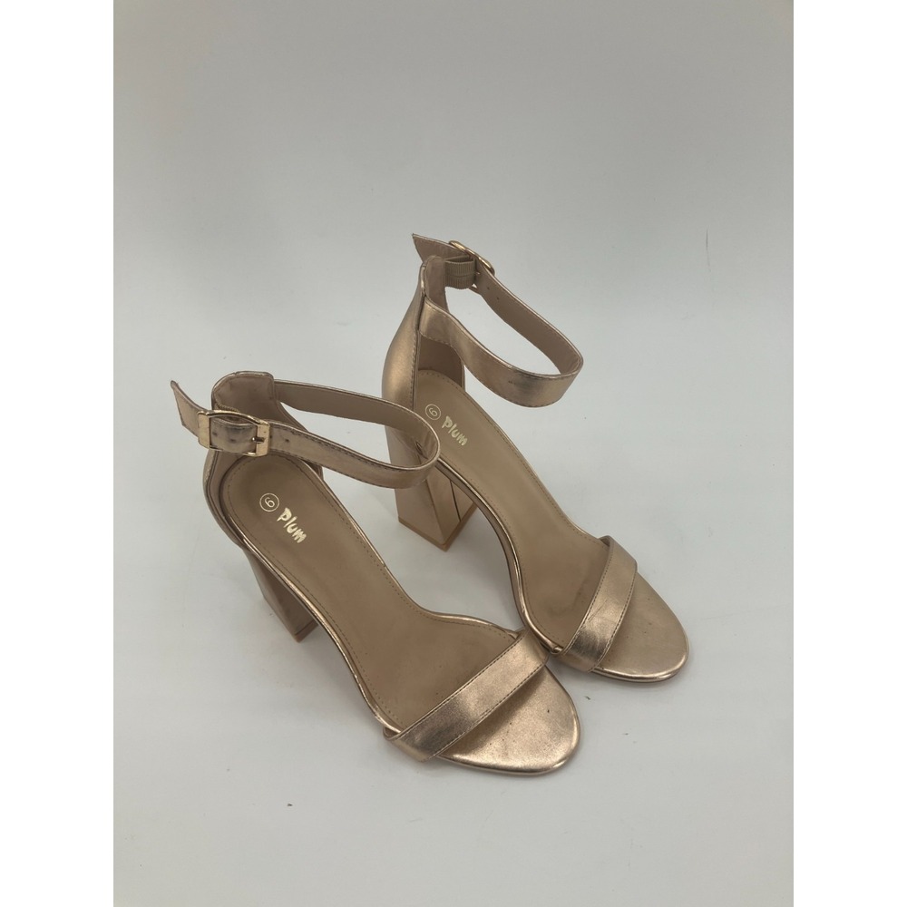 Plum Womens US 6 Sandals Metallic‎ Gold Open Adjustable Strap Block Heel Party